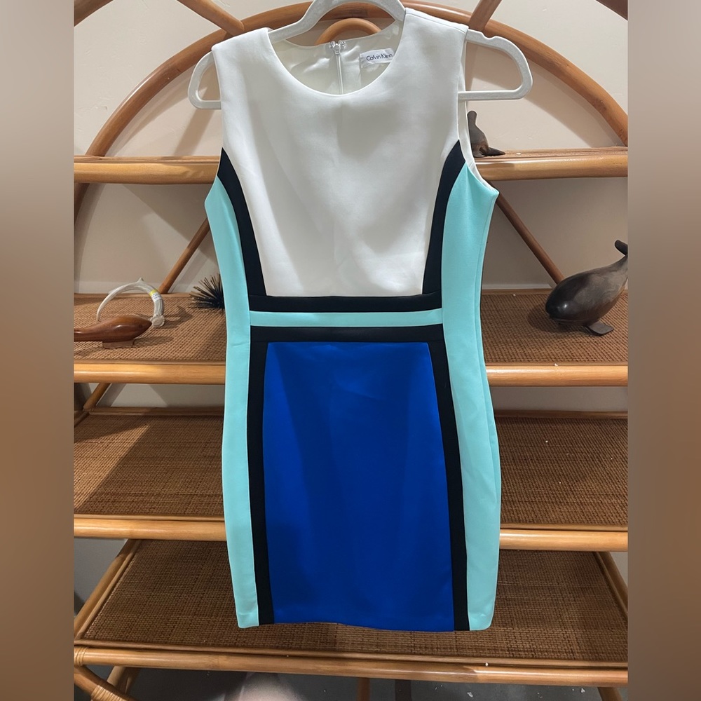 Calvin Klein White, Blue, and Aqua Dress